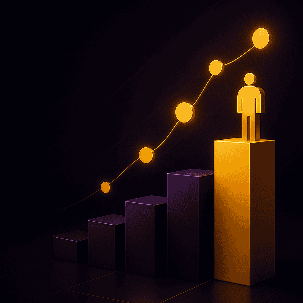 Gaming data analytics represented as a golden human figure atop a data staircase with glowing pathway, symbolizing data-driven strategic growth and insight evolution in gambling