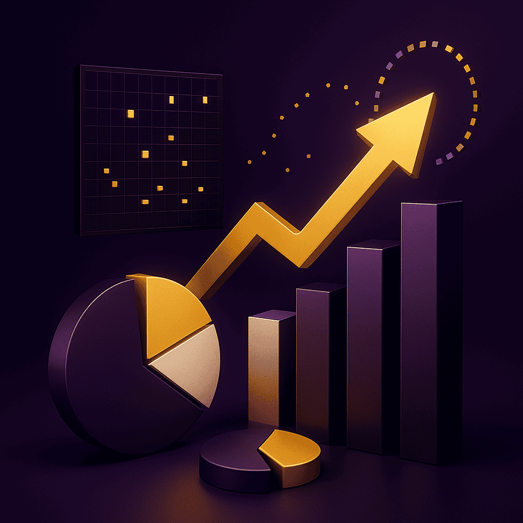 Gaming data analytics illustrated with bar graphs, pie charts, and glowing data symbols representing insight-driven casino and sportsbook strategy