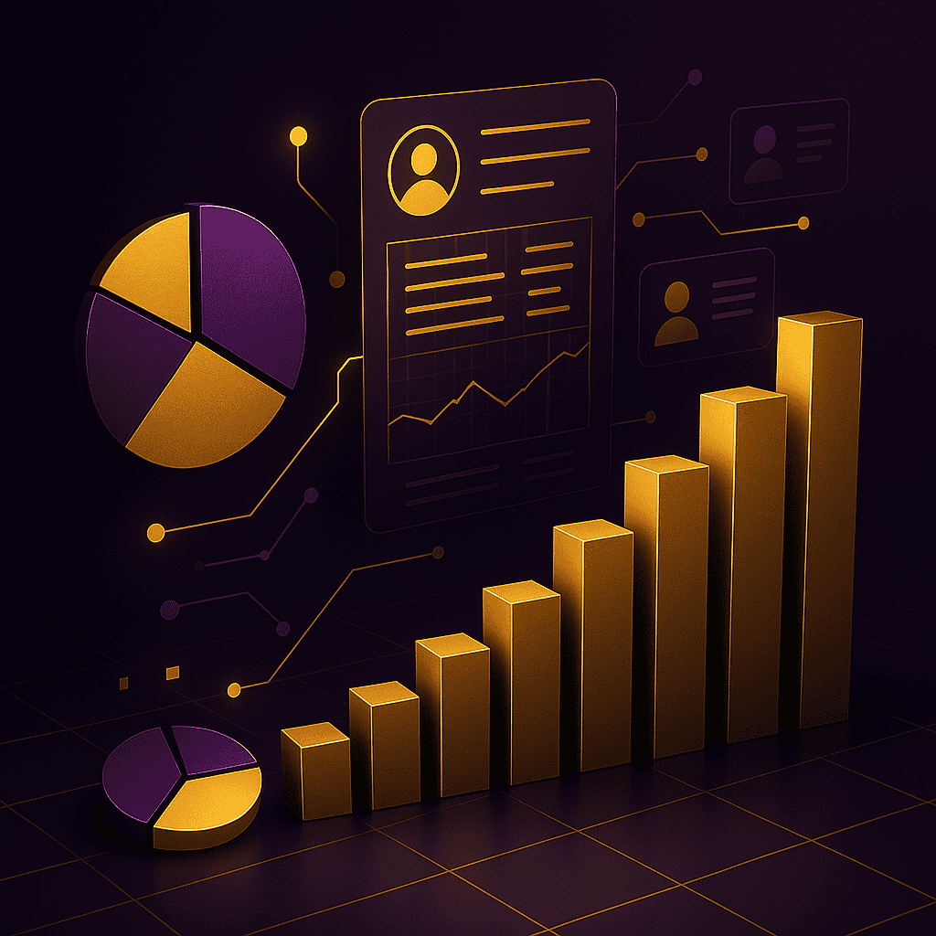 Gaming data analytics represented by bar and pie charts with glowing user data overlays depicting player analytics, performance tracking, and casino data strategy in a modern gaming context