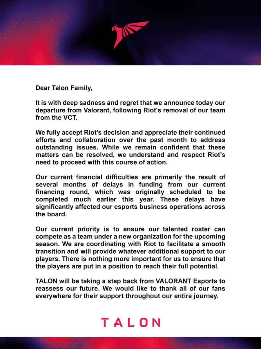 PSG Talon Kicked from VCT Pacific and LCP Over Unpaid Salaries