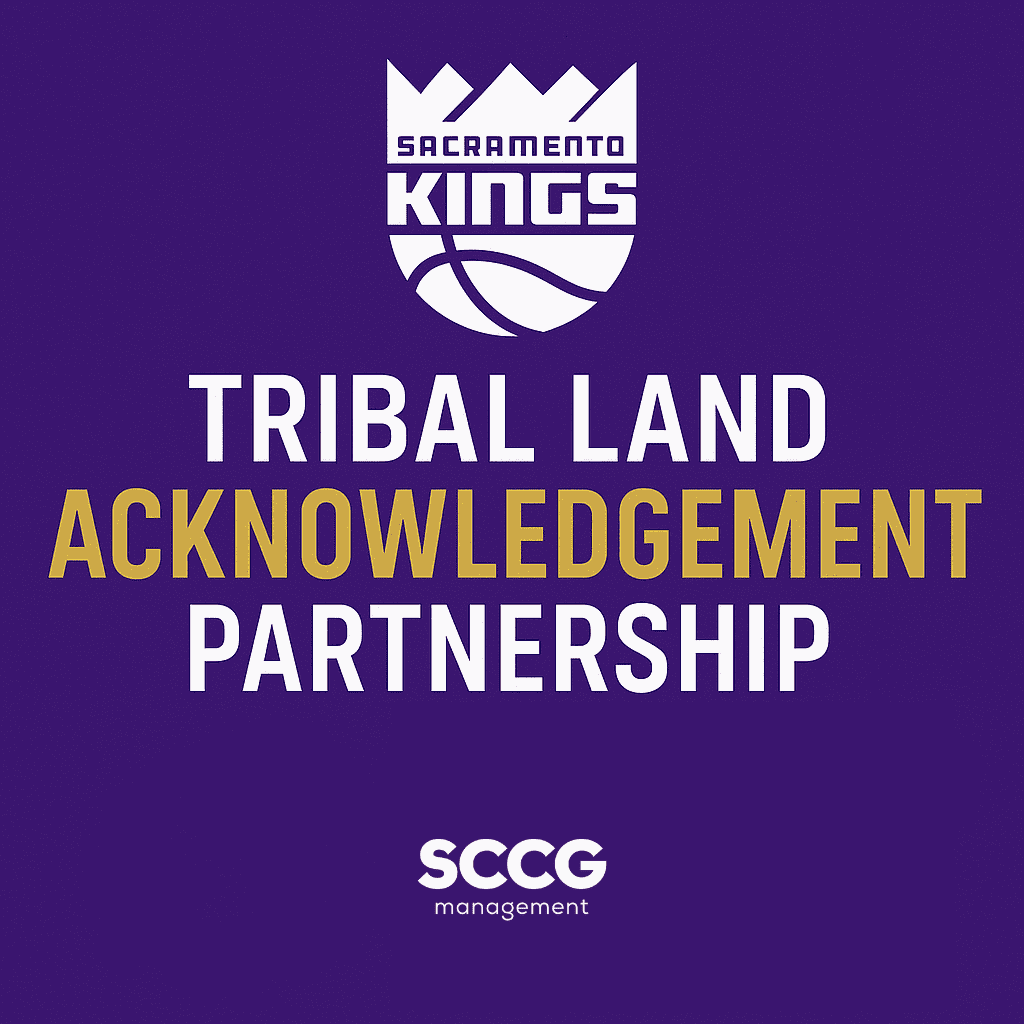 A square cover image featuring a modern basketball arena silhouette blended with soft natural elements like trees and rolling hills, symbolizing ancestral land and community partnership.