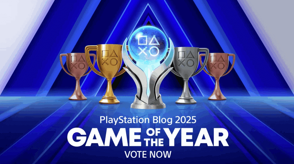 PlayStation Blog Game of the Year 2025 awards announcement graphic featuring PlayStation trophies