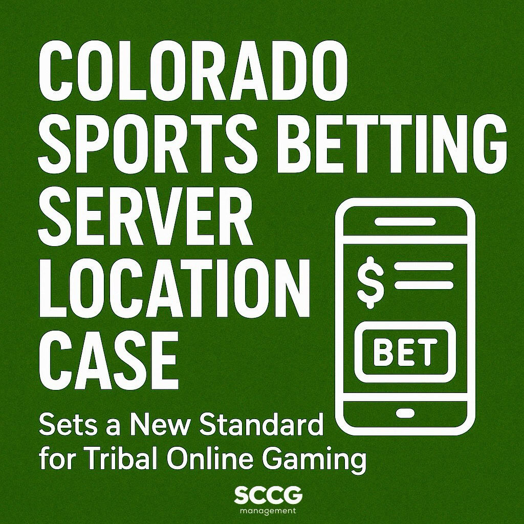 Square cover graphic with bold white text reading “Colorado Sports Betting Server Location Case” on a deep green background, alongside a simple white outline icon of a smartphone displaying a betting interface.