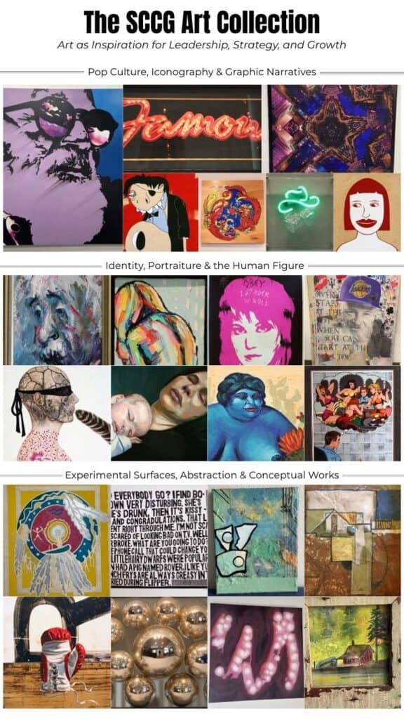 Curated art collection organized into three themes—Pop Culture, Identity and Portraiture, and Experimental Abstraction—featuring colorful paintings, graphic works, text-based art, and mixed-media pieces arranged in a structured gallery layout.