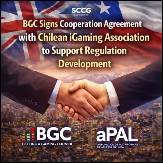 Square news-style graphic showing the headline “BGC Signs Cooperation Agreement with Chilean iGaming Association” over a background of a handshake, the flags of the UK and Chile, and a city skyline, with BGC and aPAL logos displayed at the bottom.