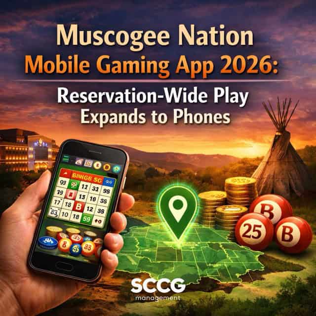 A square promotional cover image showing a smartphone with a bingo game screen, a glowing location pin over a reservation map, and a sunset landscape with a teepee and casino buildings. The title reads “Muscogee Nation Mobile Gaming App 2026: Reservation-Wide Play Expands to Phones.”