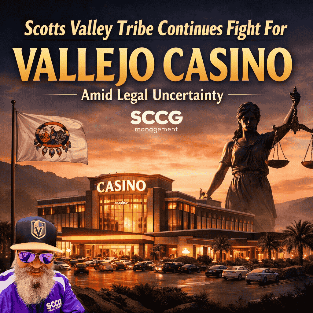 Square cover image showing a modern casino building at sunset with the Scotts Valley Tribe flag flying nearby and a large statue of Lady Justice in the background. Title text reads: "Scotts Valley Tribe Continues Fight for Vallejo Casino Amid Legal Uncertainty."