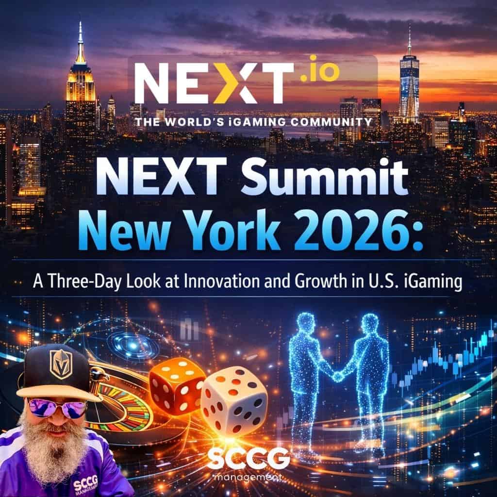 Square cover image for "NEXT Summit New York 2026" showing the Manhattan skyline at sunset with digital graphics representing innovation, technology, and collaboration in the U.S. iGaming market.
