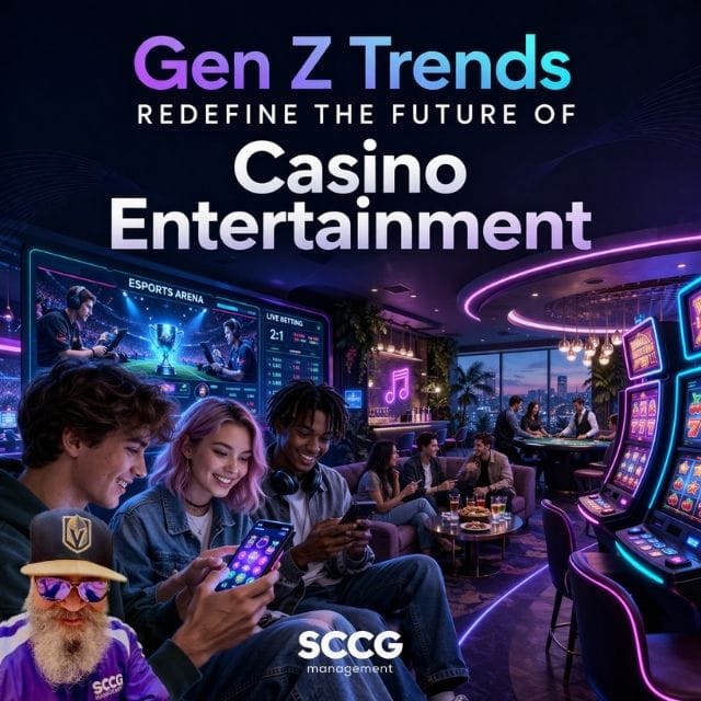Square cover image showing young adults engaging with digital casino entertainment. A man wears a gaming headset, a woman uses a VR headset, and another person holds a smartphone with a live betting interface. Neon-lit slot machines, poker chips, dice, and an esports arena are visible in the background. The title reads “Gen Z Trends redefine the future of Casino Entertainment.”