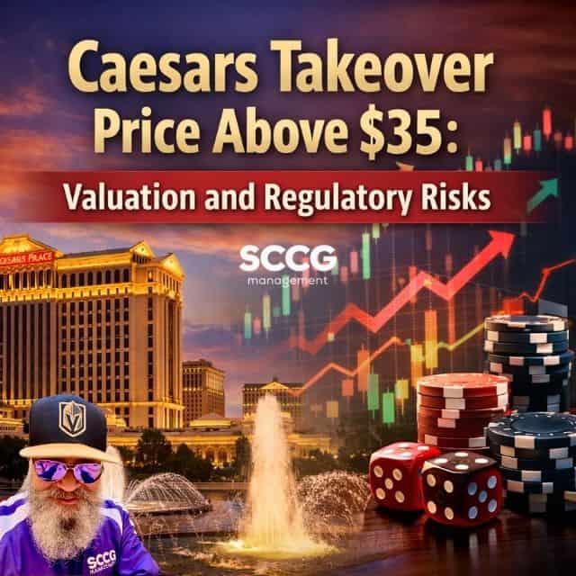 Square cover image featuring the title “Caesars Takeover Price Above $35: Valuation and Regulatory Risks” over a split background of Caesars Palace at sunset on the left and financial stock charts with upward trends and casino chips on the right.