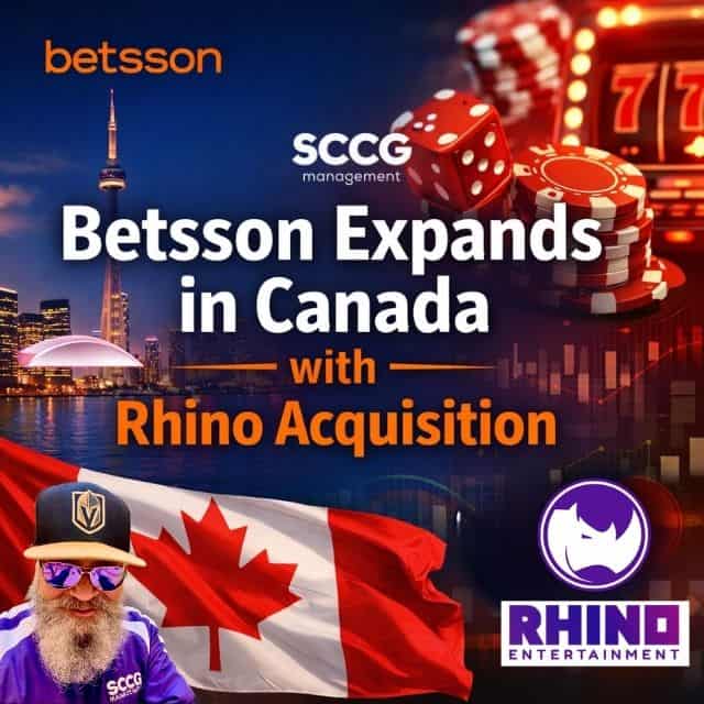 Promotional square graphic showing the title “Betsson Expands in Canada with Rhino Acquisition” over a Toronto skyline at dusk, featuring casino chips, dice, a Canadian flag, and a rhino logo, with Betsson branding in the corner.