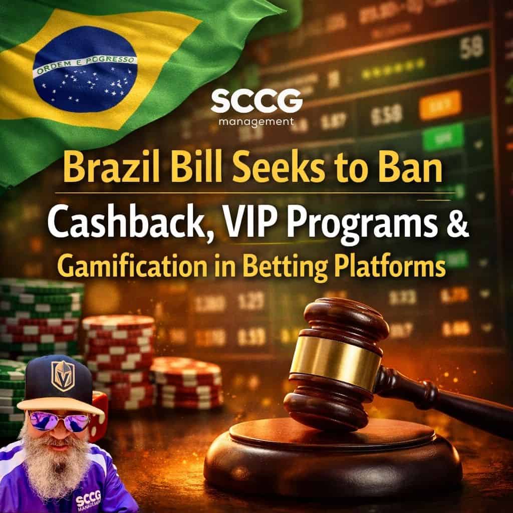 Square cover image showing a Brazilian flag, casino chips, dice, and a gavel, with the title “Brazil Bill Seeks to Ban Cashback, VIP Programs & Gamification in Betting Platforms” prominently displayed.