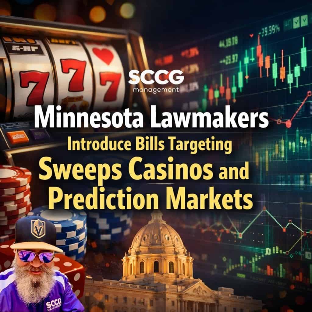 Square cover image for an article titled "Minnesota Lawmakers Introduce Bills Targeting Sweeps Casinos and Prediction Markets," featuring a slot machine, poker chips, dice, digital stock market graphics, and the Minnesota State Capitol, representing gambling and legislative regulation.
