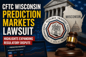 Graphic thumbnail illustrating the CFTC Wisconsin prediction markets lawsuit, featuring a gavel, the CFTC seal, Wisconsin state outline, and a digital prediction markets interface against a dark blue background.
