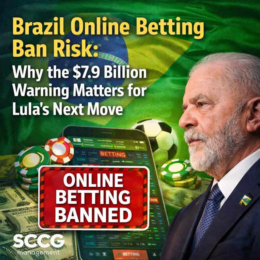 Square cover image featuring the headline “Brazil Online Betting Ban Risk: Why the $7.9 Billion Warning Matters for Lula’s Next Move” over a Brazilian flag background, with a portrait of President Lula, betting app visuals, casino chips, and a red “Online Betting Banned” sign.
