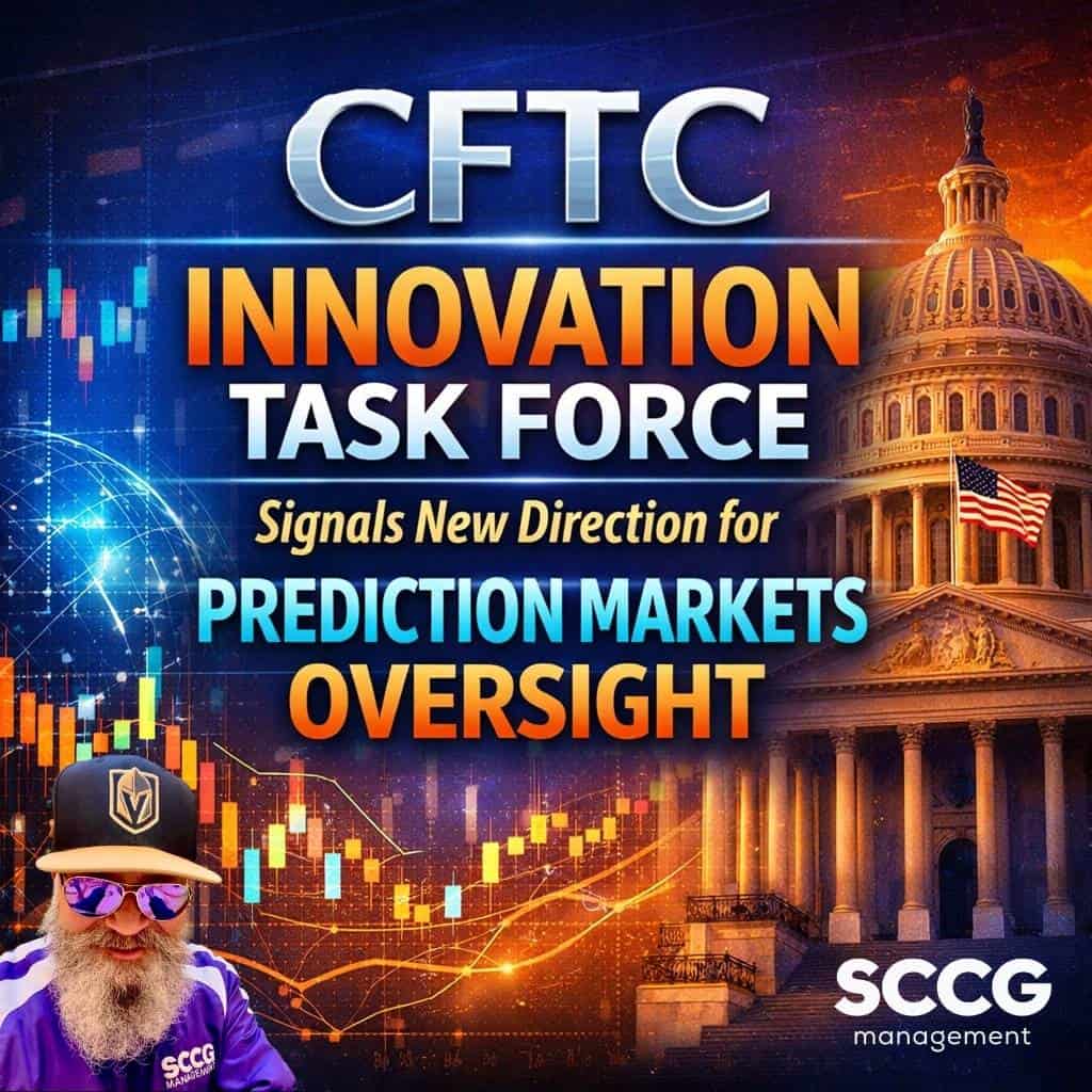 Square cover image featuring bold headline text “CFTC Innovation Task Force Signals New Direction for Prediction Markets Oversight,” set over a dynamic financial-themed background with glowing charts, a digital globe, and a U.S. Capitol building illuminated on the right.
