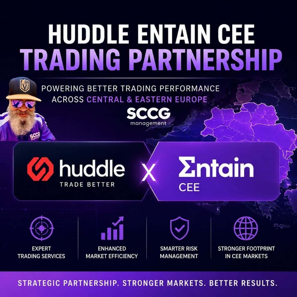 Square graphic with the title “Huddle Entain CEE Trading Partnership” over a dark purple, tech-style background featuring a map of Central and Eastern Europe and logos of Huddle and Entain.