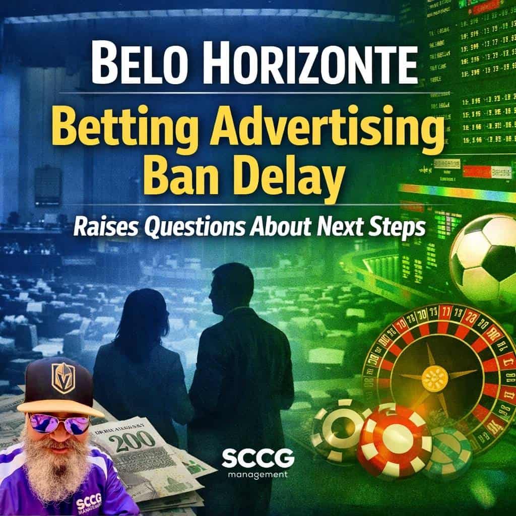 Square cover image with bold headline “Belo Horizonte Betting Advertising Ban Delay Raises Questions About Next Steps” over a background of a city council chamber, betting screens, casino chips, and Brazilian currency.