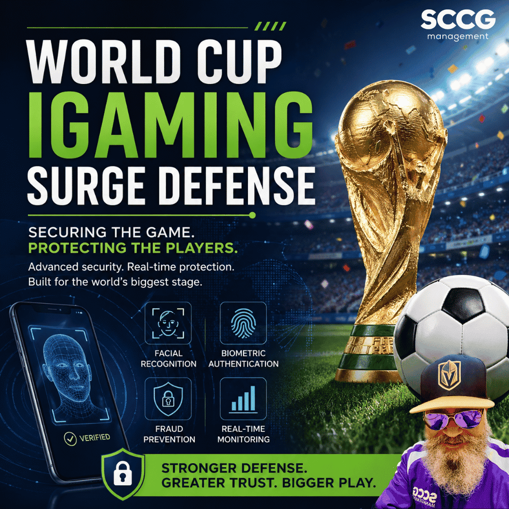Square cover image featuring a World Cup-style trophy and soccer ball in a stadium, alongside digital biometric graphics and security icons, with the title “World Cup iGaming Surge Defense.”