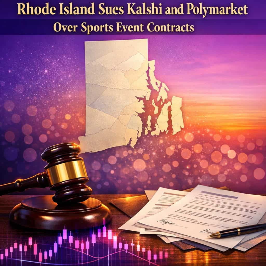 Gavel resting on scattered sports event contracts beside a candlestick chart with purple and magenta gradients.