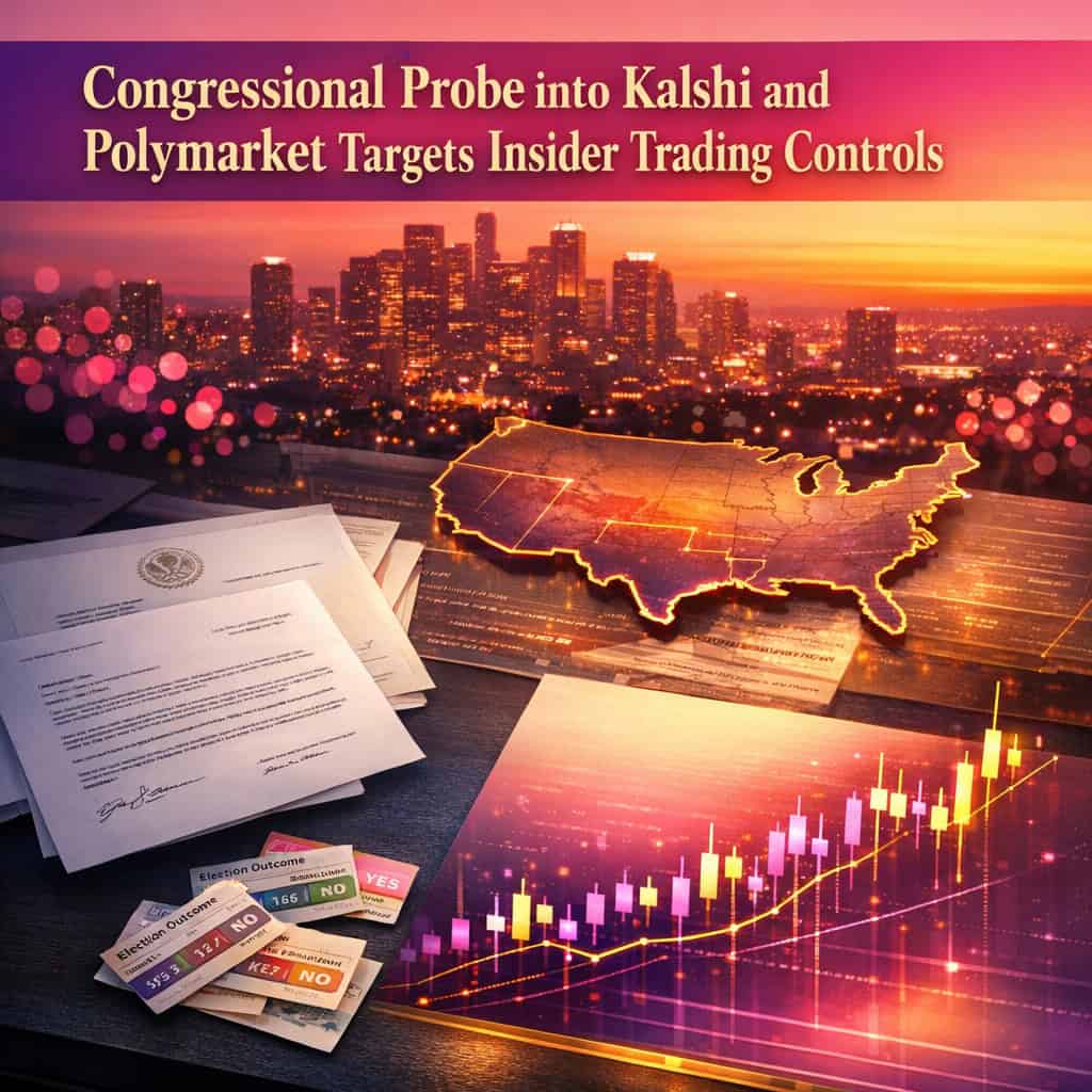 Congressional oversight documents and prediction-market candlestick charts spread across a modern desk under vibrant purple and magenta rim lighting.
