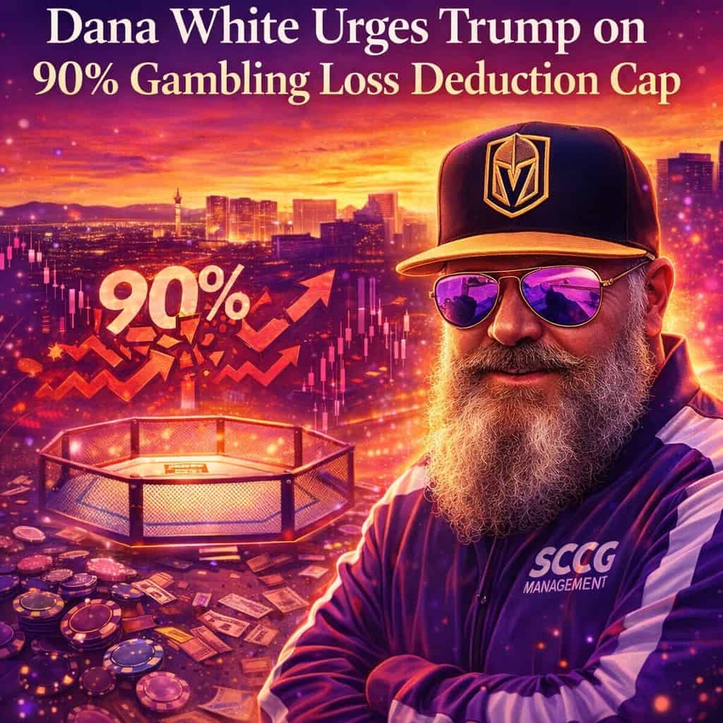 Stylized UFC octagon and casino chips atop vibrant candlestick charts with a 90% deduction cap graphic, set against a Las Vegas sunset skyline.