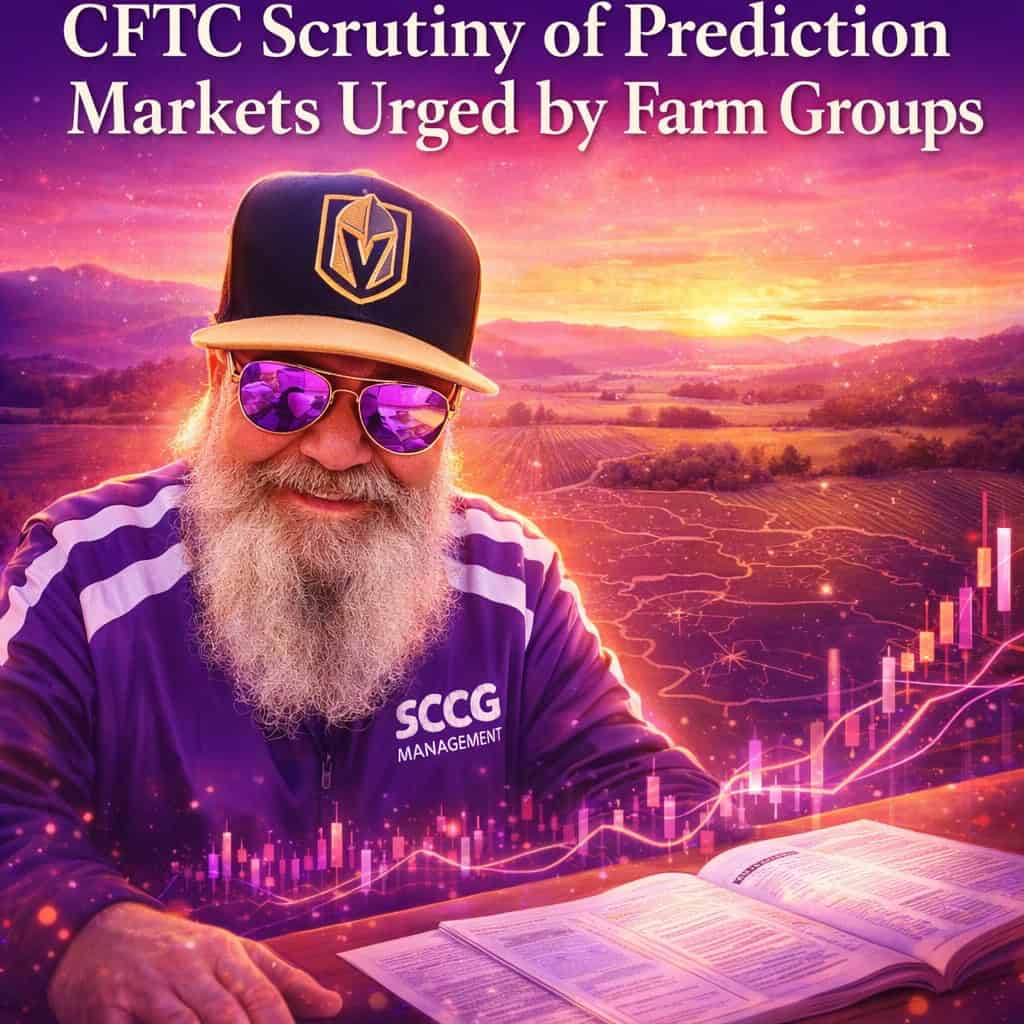 Pork producers reviewing prediction market contracts and traditional commodity futures charts under vibrant sunset lighting.
