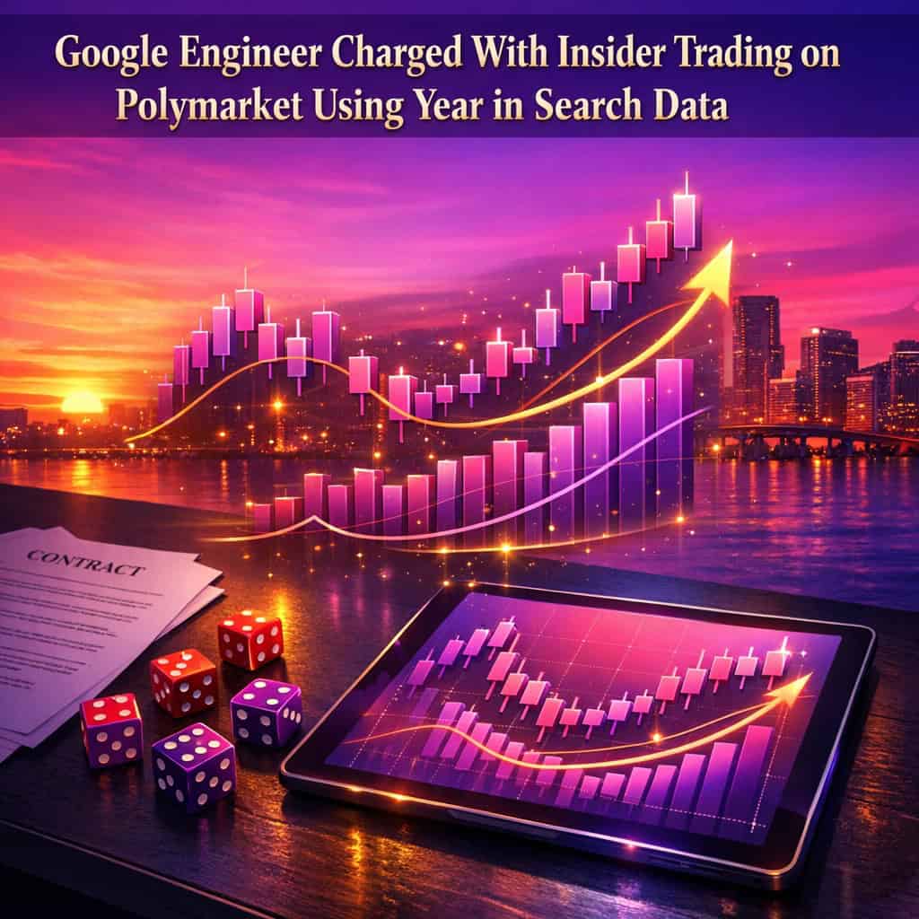 A polished digital trading desk with glowing purple and magenta candlestick charts overlaid on a sunset Miami skyline, scattered contracts and dice highlighting prediction market wins.