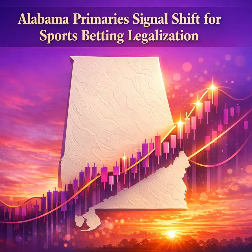 Alabama state outline overlaid with vibrant purple and magenta financial growth curves symbolizing sports betting expansion and political momentum.