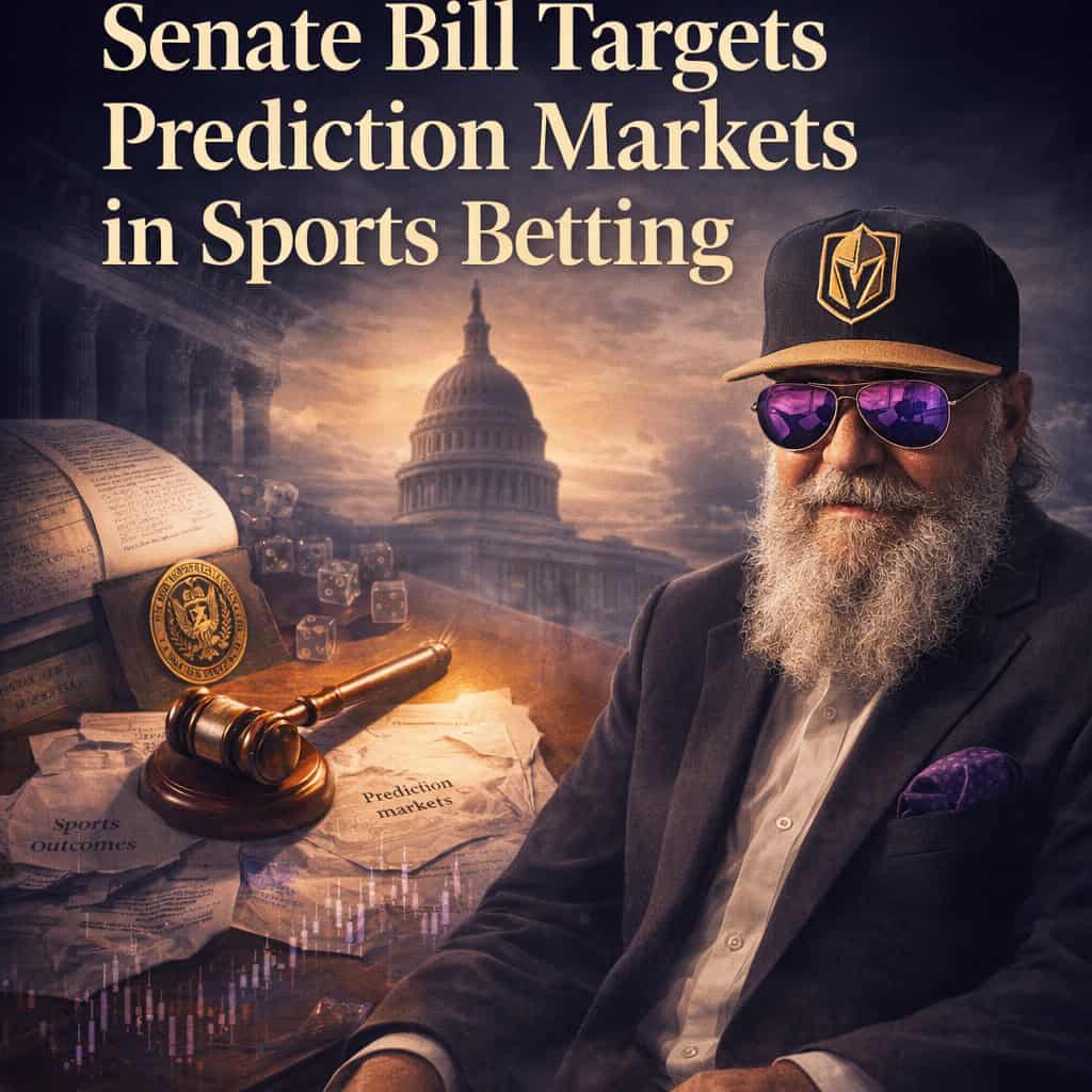 A gavel rests on scattered prediction market contracts overlaid with candlestick charts, beside a federal seal and tribal sovereignty motifs on a ledger-strewn desk under a capitol dome silhouette.