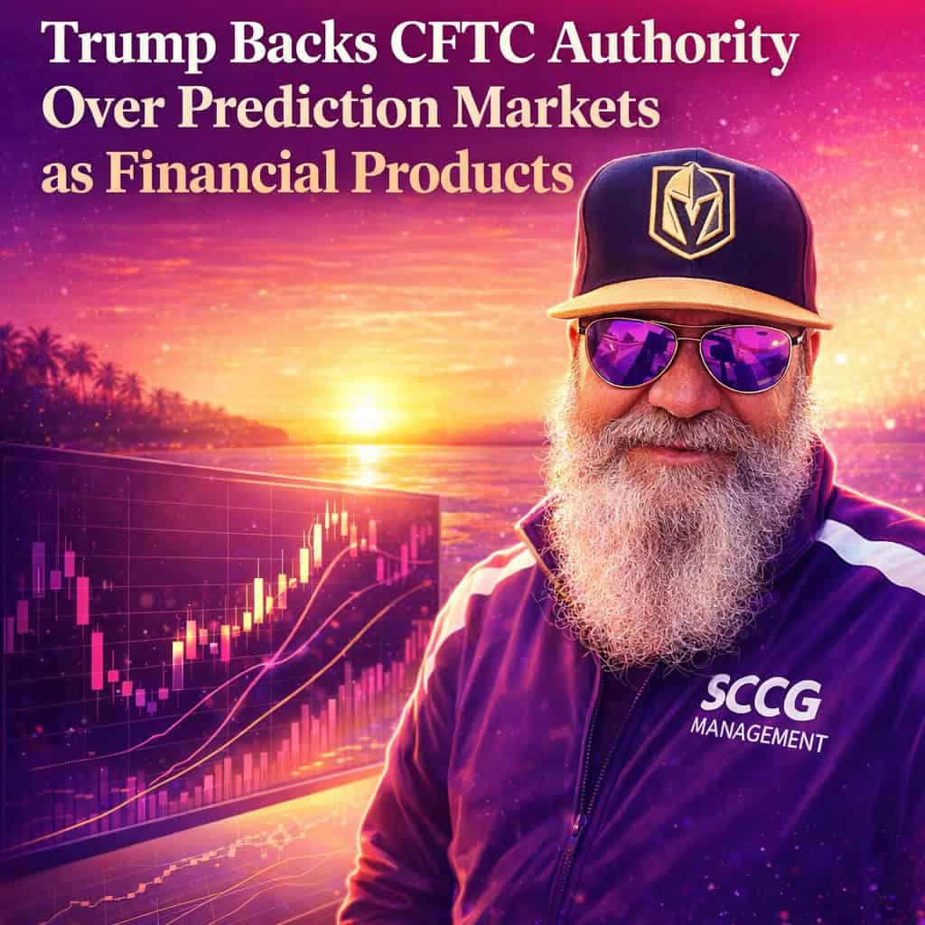 Stylized financial prediction market interface with vibrant purple and magenta candlestick charts rising over a sunset tropical skyline.