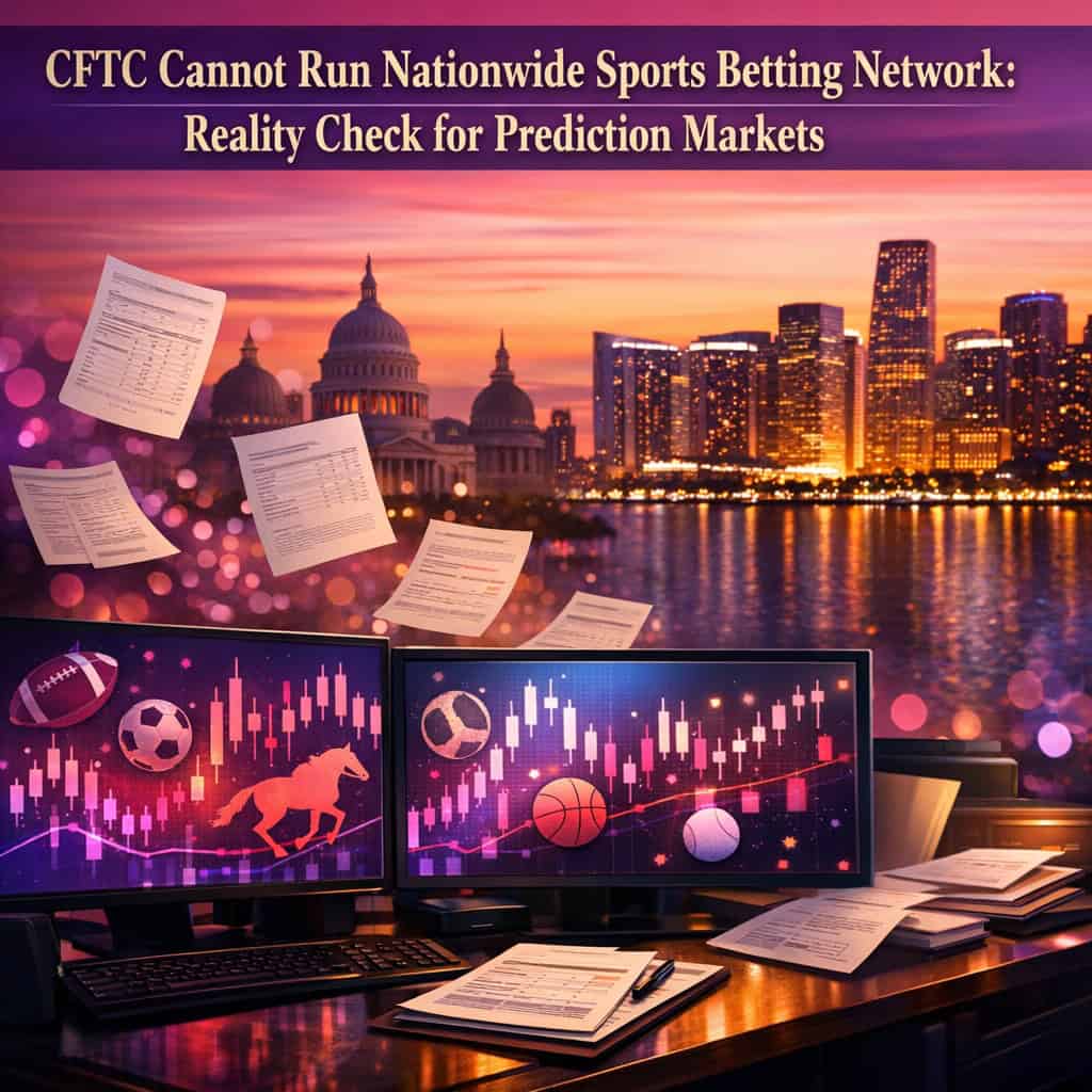 Bookmaker in a modern trading floor watches prediction market data streams clash with state regulatory symbols under a vibrant sunset gradient.