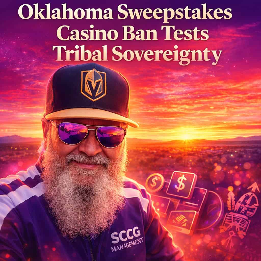 Steve stands confidently in the foreground against a sunset backdrop symbolizing Oklahoma’s sweepstakes casino ban and tribal sovereignty tensions.