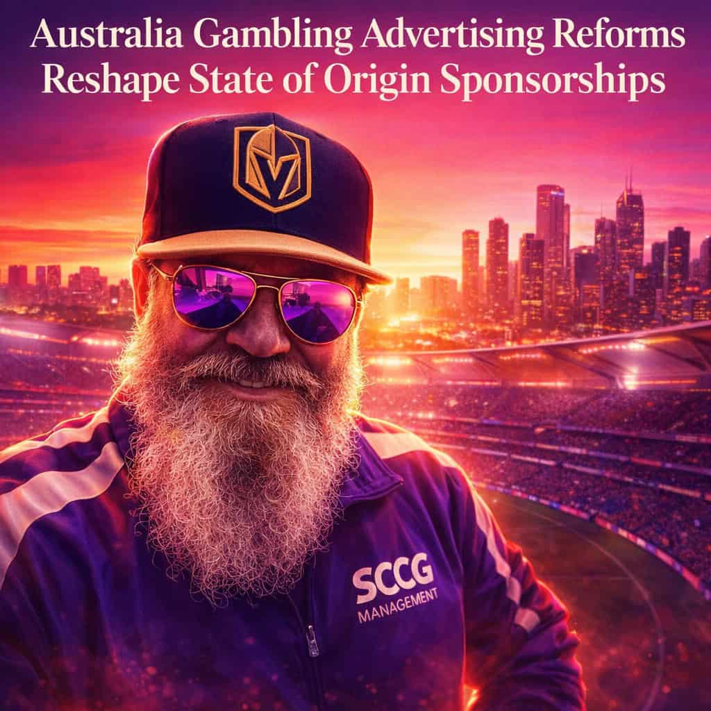 Confident man in cap and sunglasses stands foreground against vibrant sunset skyline as gambling sponsorship visuals fade from rugby stadium.