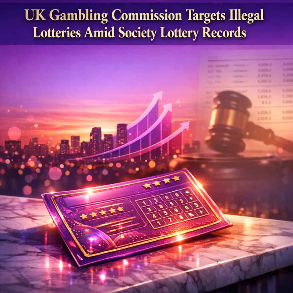 Split scene showing a thriving society lottery celebration alongside a shadowed illegal lottery operation under regulatory scrutiny.
