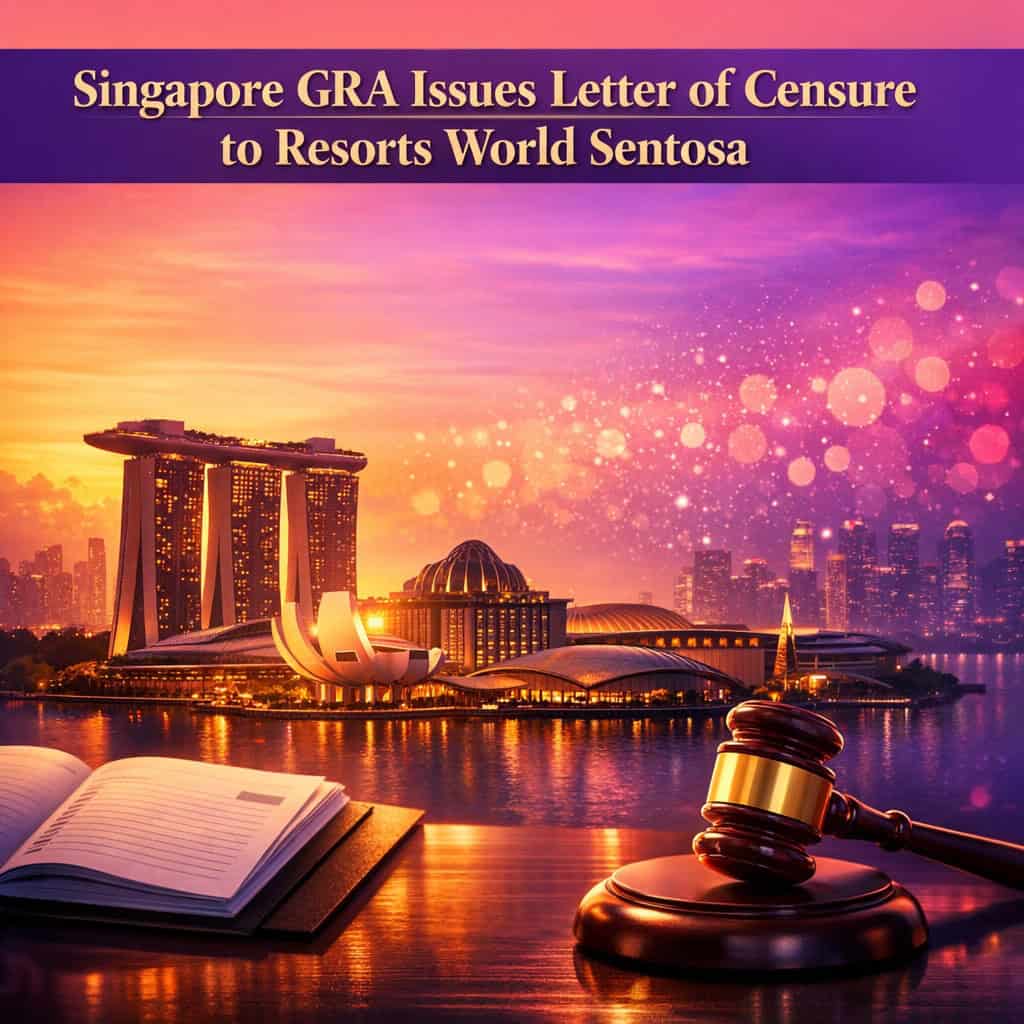 Singapore casino resort at sunset with regulatory ledger and gavel symbols overlaid on a vibrant purple and magenta gradient sky.