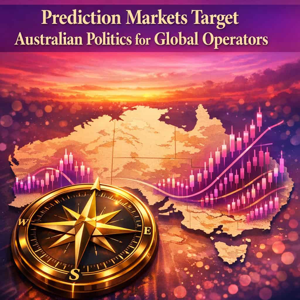 Vibrant sunset over a stylized map of Australia with glowing purple and magenta prediction market candlestick charts rising from major cities against a cosmic-bokeh sky.