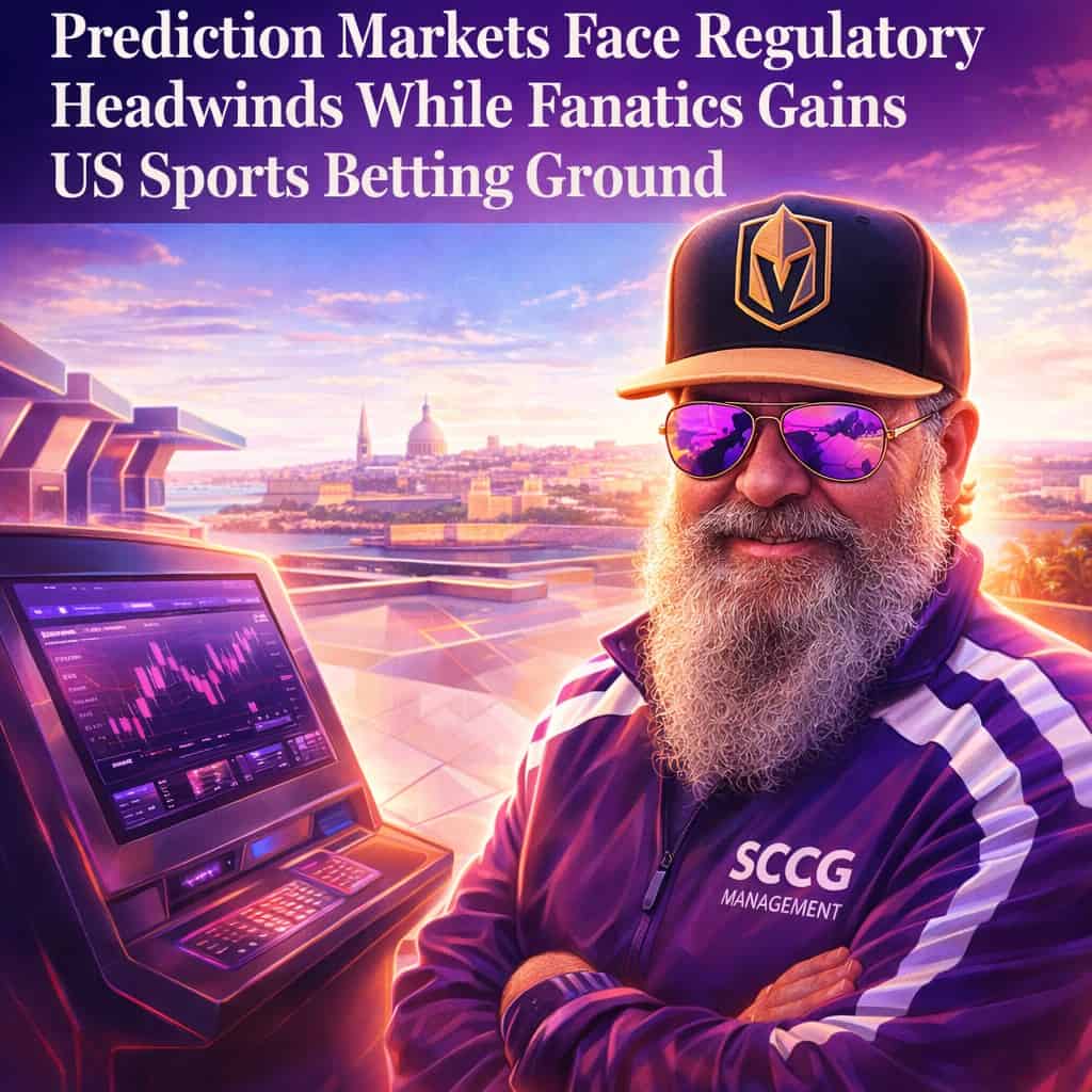 A vibrant modern conference hall at NEXT Valletta with Fanatics branded betting interfaces and glowing prediction market charts under daylight tropical light.