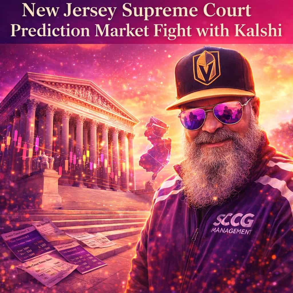 Supreme Court building with prediction market candlestick charts and scattered event contracts under a vibrant magenta sunset sky.