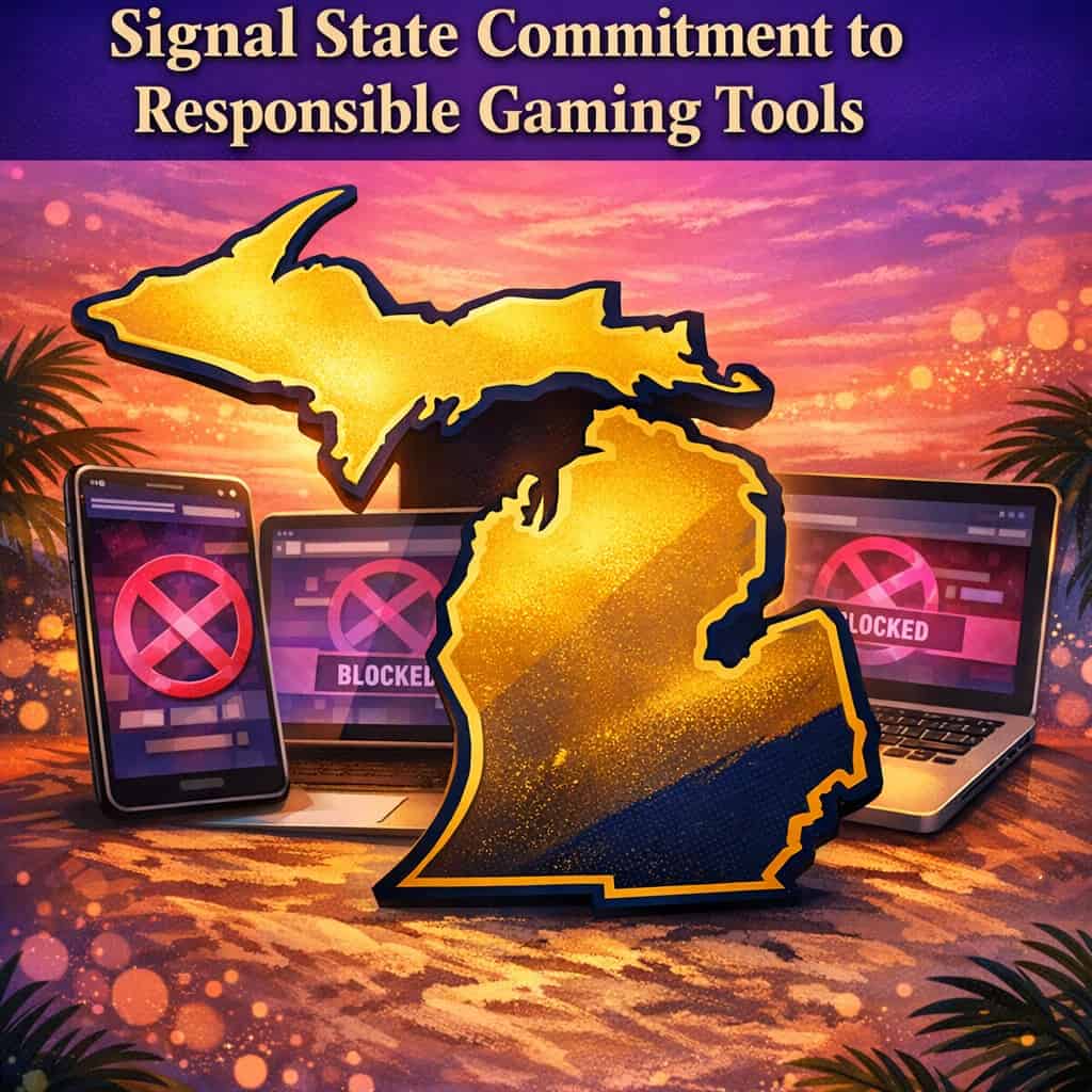 Michigan state outline with Gamban software blocking icons on multiple devices under a vibrant sunset sky.