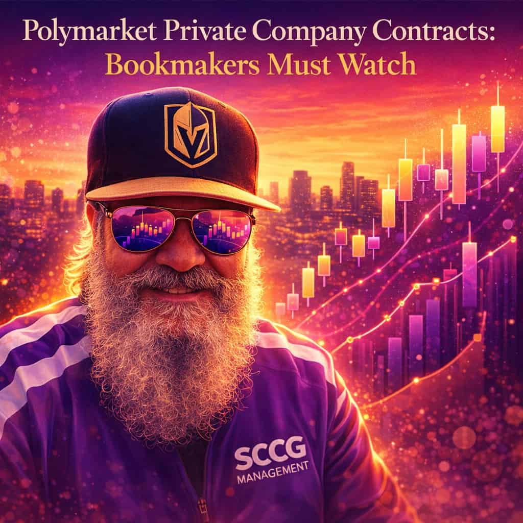 A vibrant sunset over a modern city skyline with glowing purple and magenta gradients highlighting stylized candlestick charts and growth curves floating above the rooftops.