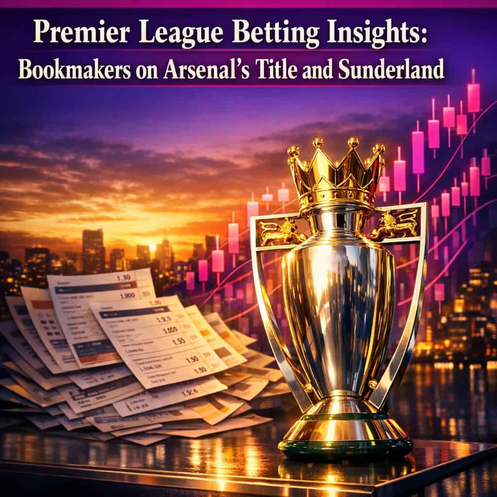 Premier League title trophy surrounded by floating betting slips and glowing candlestick growth charts against a vibrant purple and magenta sunset skyline.