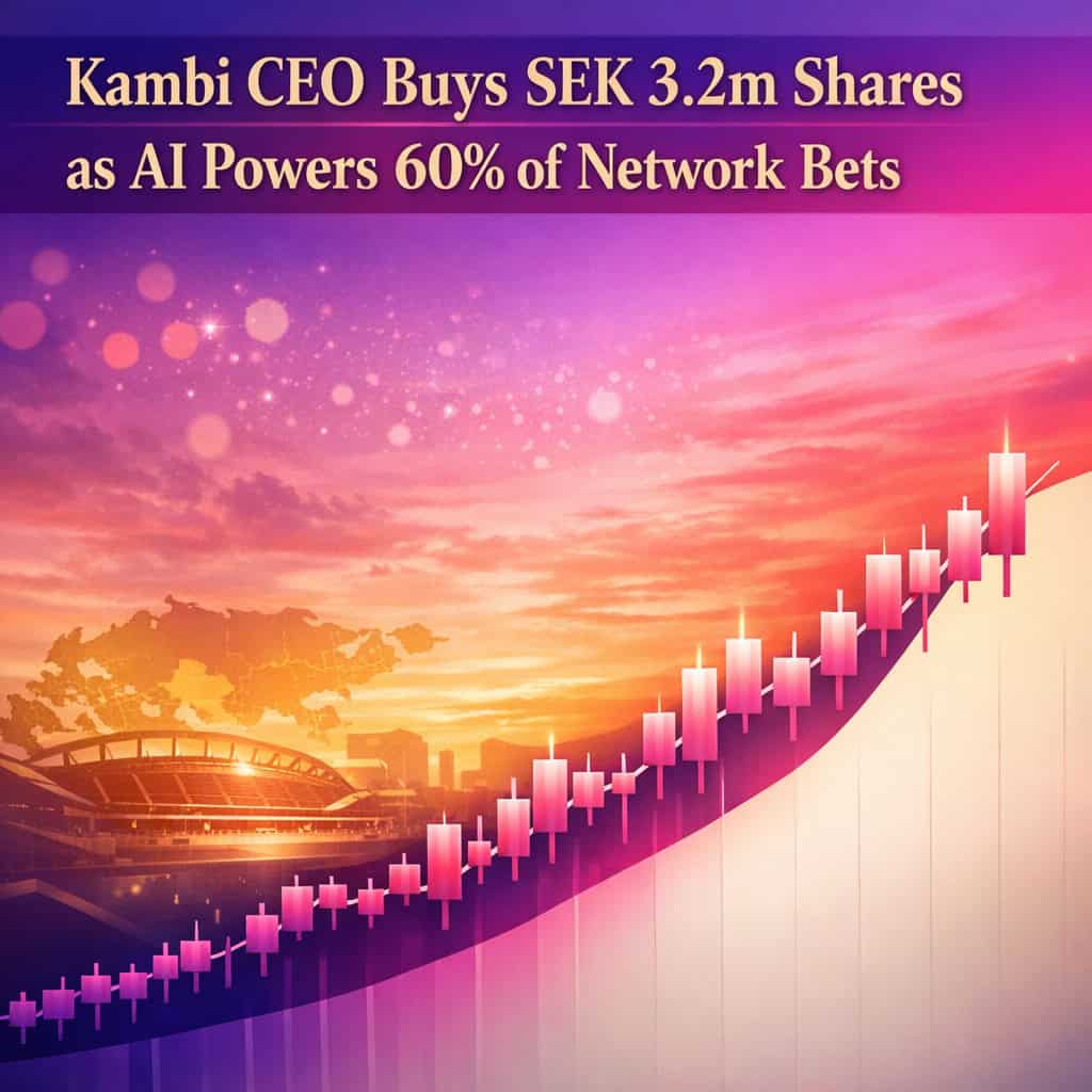 Kambi CEO buying shares with AI-powered betting charts and World Cup stadium silhouettes under a vibrant purple and magenta sunset skyline.