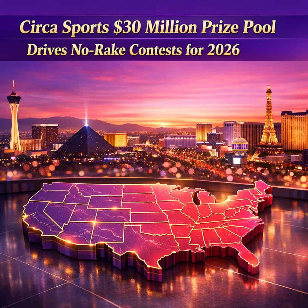 Vibrant sunset skyline over a modern Las Vegas cityscape with bold purple and magenta gradients highlighting the skyline and foreground, evoking high-stakes sports contest energy.