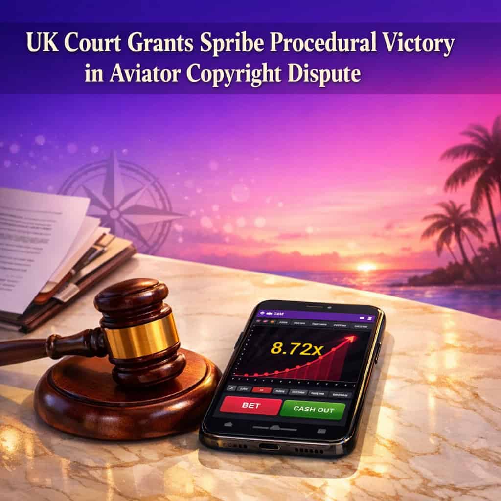 A modern illustration of a UK courtroom gavel resting beside glowing digital game symbols on a marble table under soft rim lighting.