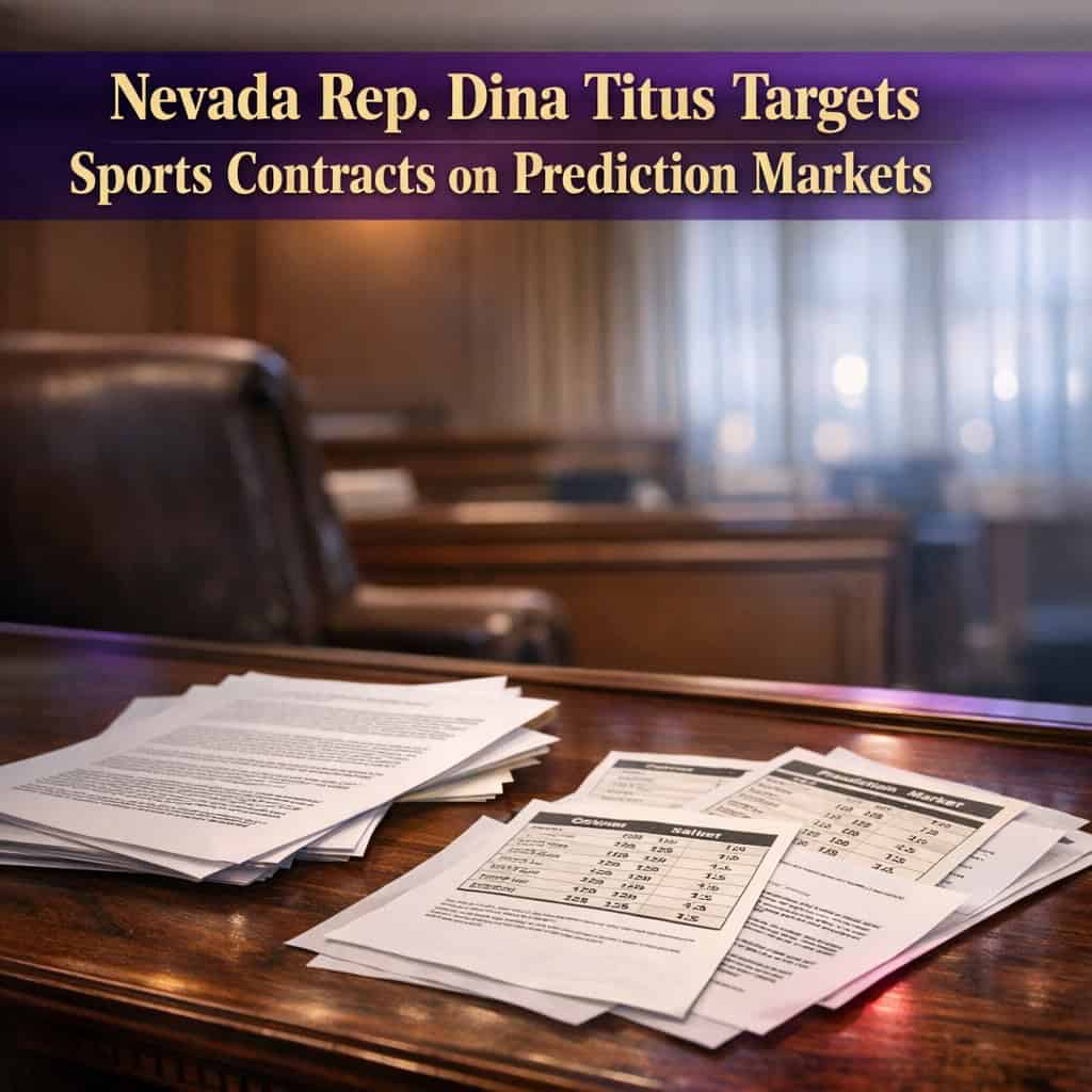 A polished wooden legislative desk in a Las Vegas conference room holds open contracts and scattered sports-event prediction slips under focused professional lighting.
