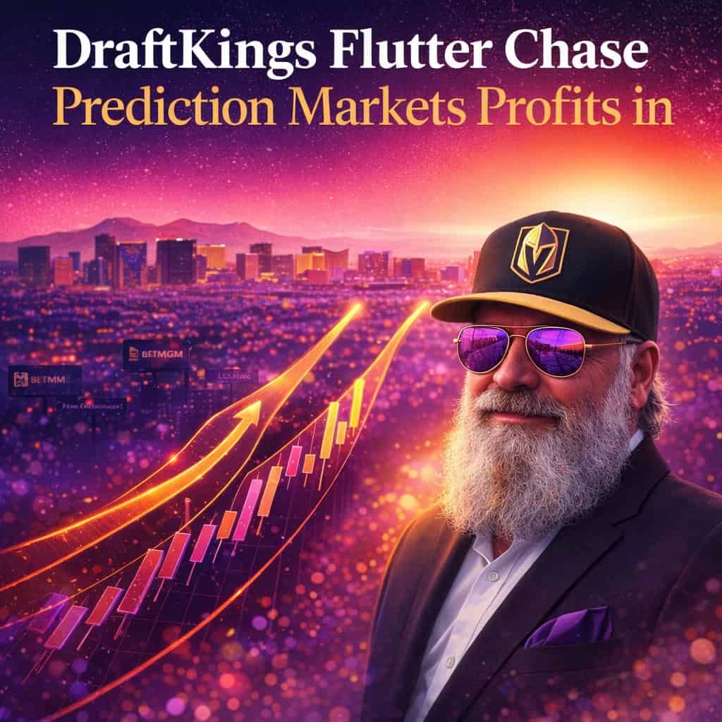 DraftKings and Flutter logos surge ahead on vibrant purple-magenta growth charts toward market dominance, while BetMGM, Caesars, and Penn trail distantly in a sunset skyline.