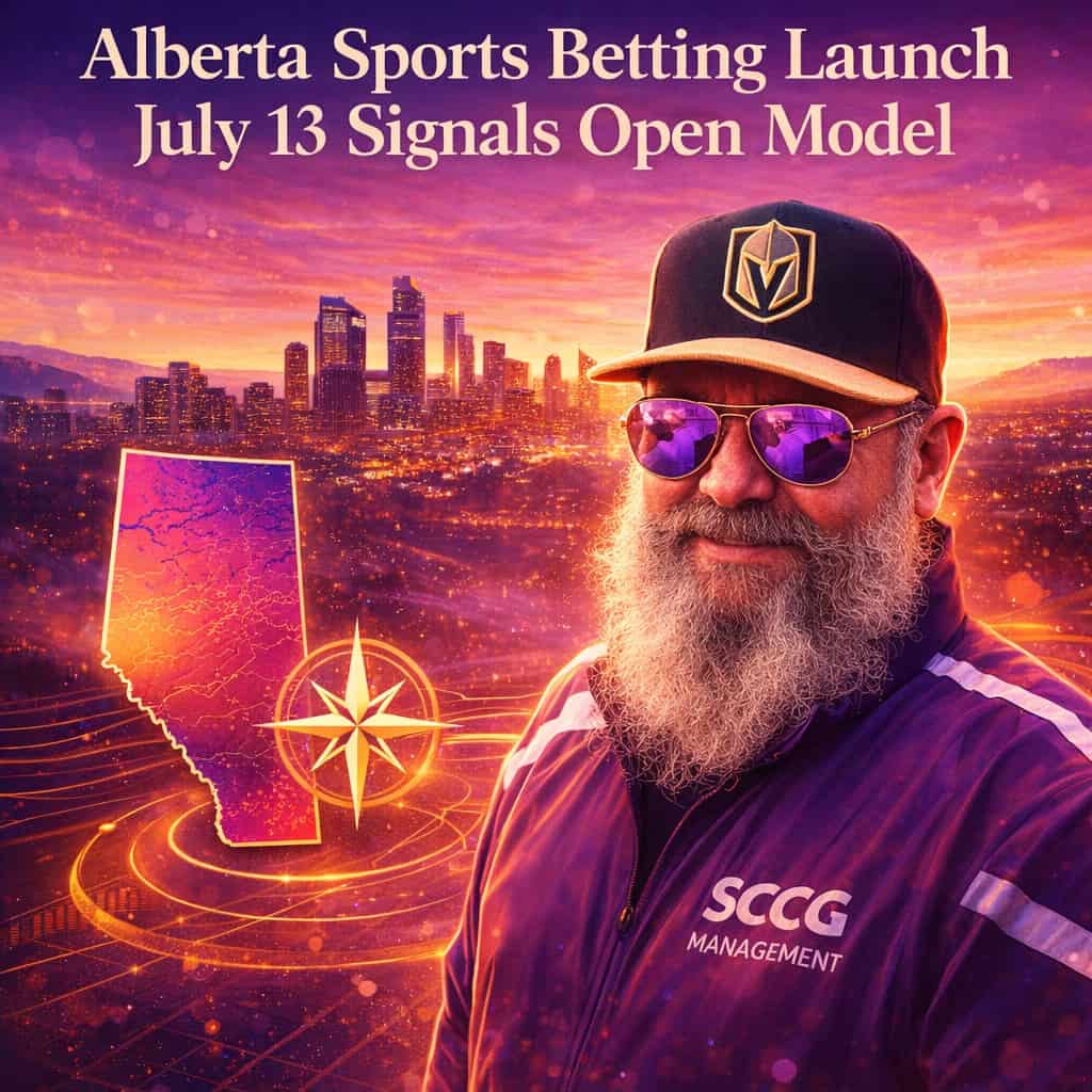 Alberta sports betting launch scene with modern city skyline and glowing sunset over vibrant purple and magenta gradients