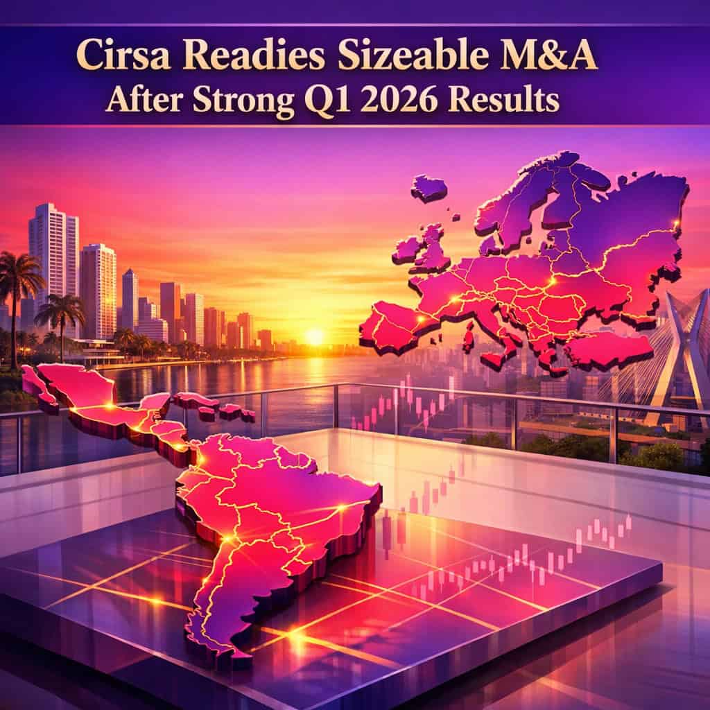 Modern conference floor under daylight with vibrant purple and magenta gradients highlighting a stylized geographic map of Europe and Latin America, symbolizing Cirsa's readiness for sizeable M&A.
