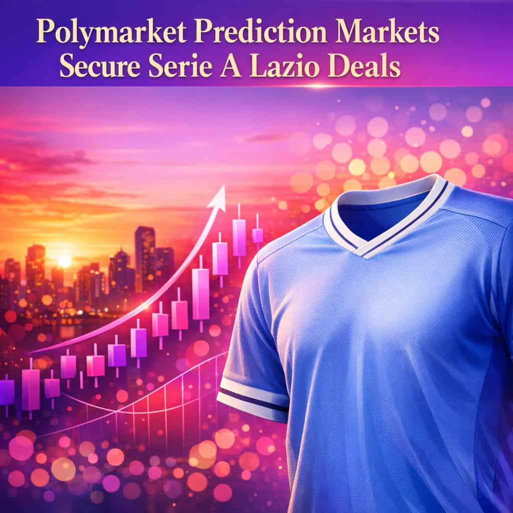 Lazio football jersey featuring Polymarket branding displayed against a vibrant purple and magenta sunset city skyline with stylized prediction market charts in the background.
